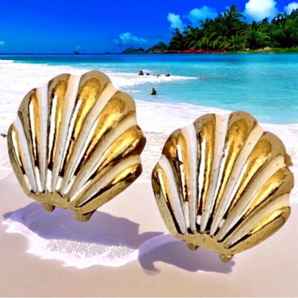 MIMI di N Clip-On Earrings Goldtone Metal + White Enamel Shell Shape Signed